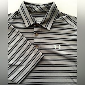 Perfect Under Armour Men's Gray Striped Polo Shirt medium black like NEW